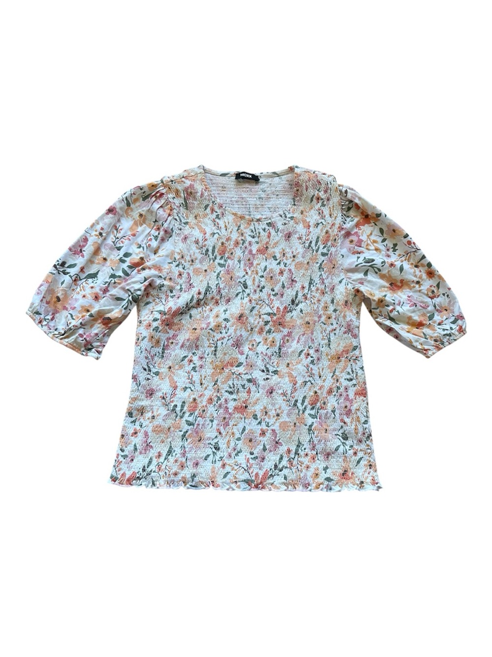 Mexx Floral Smocked Puff-Sleeve Blouse - White with Pink & Green & Gold